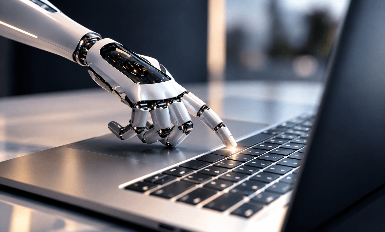 A robotic hand touching a laptop keyboard, representing AI handling data entry and processing.
