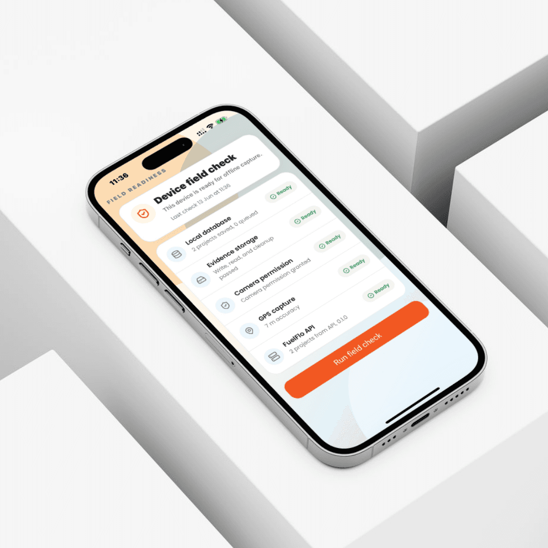 FuelFlo mobile app showing a device field-readiness check, with local database, evidence storage, camera permission, GPS capture, and API sync all marked ready for offline use.